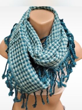 Varsity Teal Patterned Fringe infinity Scarf - Women Accessories